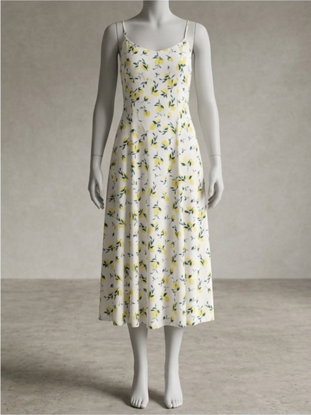 Banana Republic Spaghetti Strap Lemon Print Midi Dress - White/Yellow, Size 8P